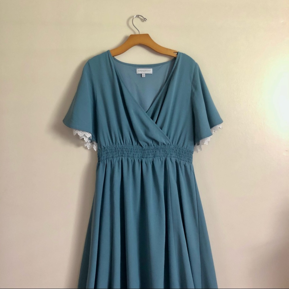 Dusty blue maxi dress with lace trim